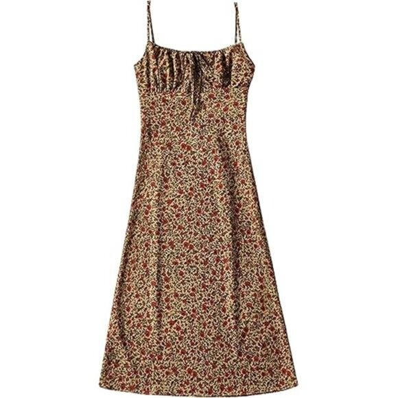 Women's Floral Dress Low-Cut Square Neck Spaghetti Strap Tie Bodycorn Dresses - Picture 4 of 8